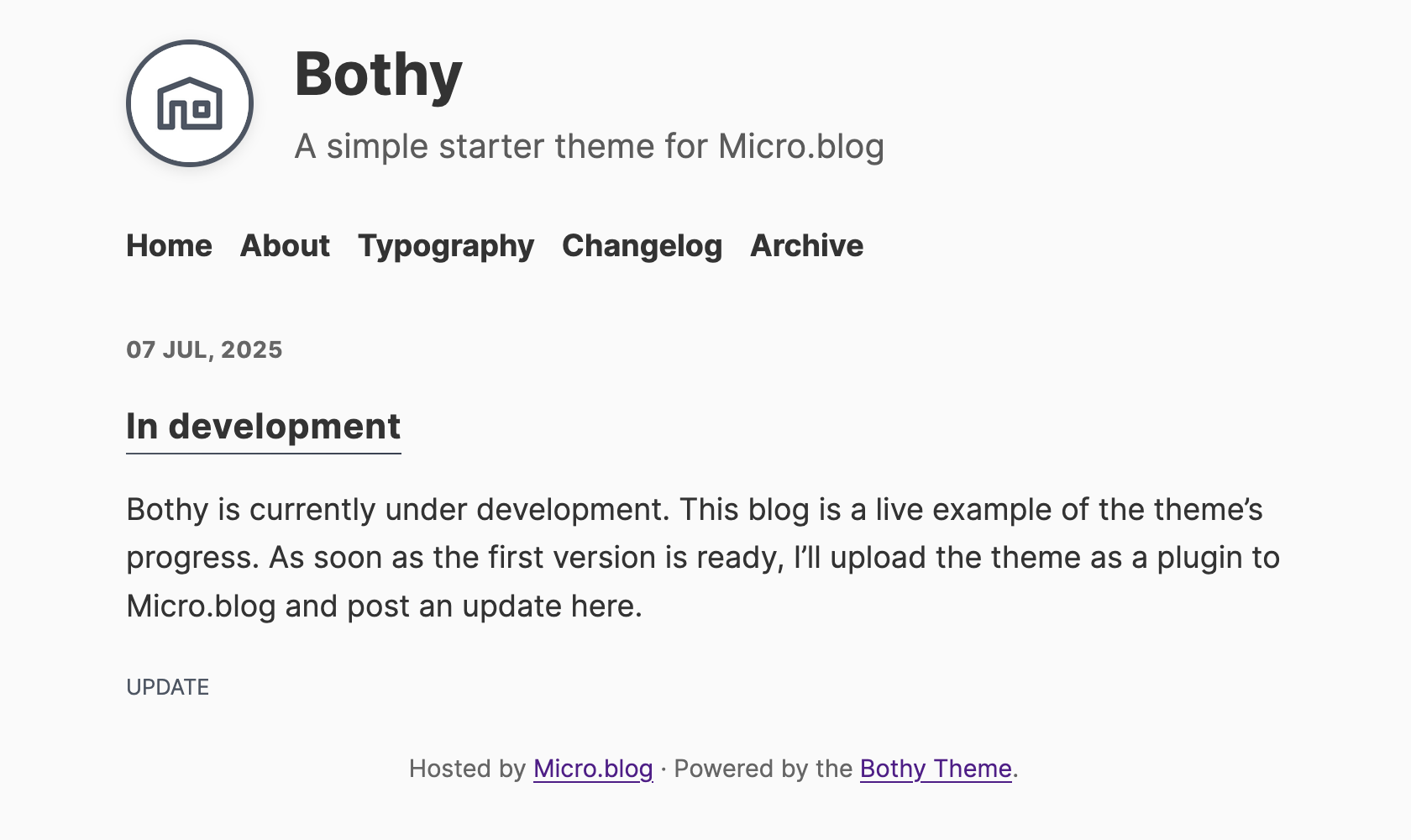 Auto-generated description: A blog page titled Bothy showcases the development progress of a theme for Micro.blog, dated July 7, 2025.